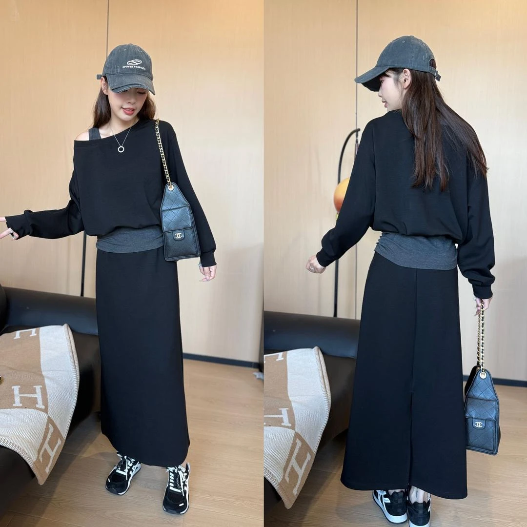 二姐的宝藏早秋上新慵懒风时髦懒人高级感假两件露肩套装裙#25278