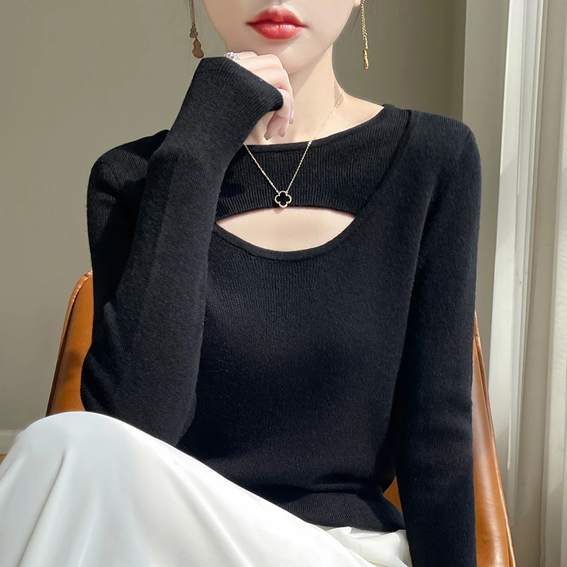 哥弟阿玛施正品秋季法式设计感小众镂空长袖毛针织衫女气质薄毛衣