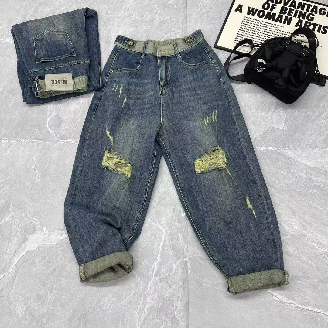 2025夏季薄款显瘦牛仔裤时尚休闲老爹裤韩版宽松破洞哈伦裤百搭潮