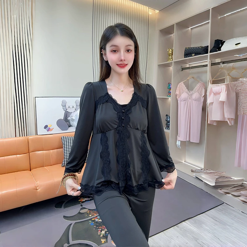 蕾丝花边纯欲性感带胸垫睡衣女大码秋季网红爆款洋气质长袖家居服