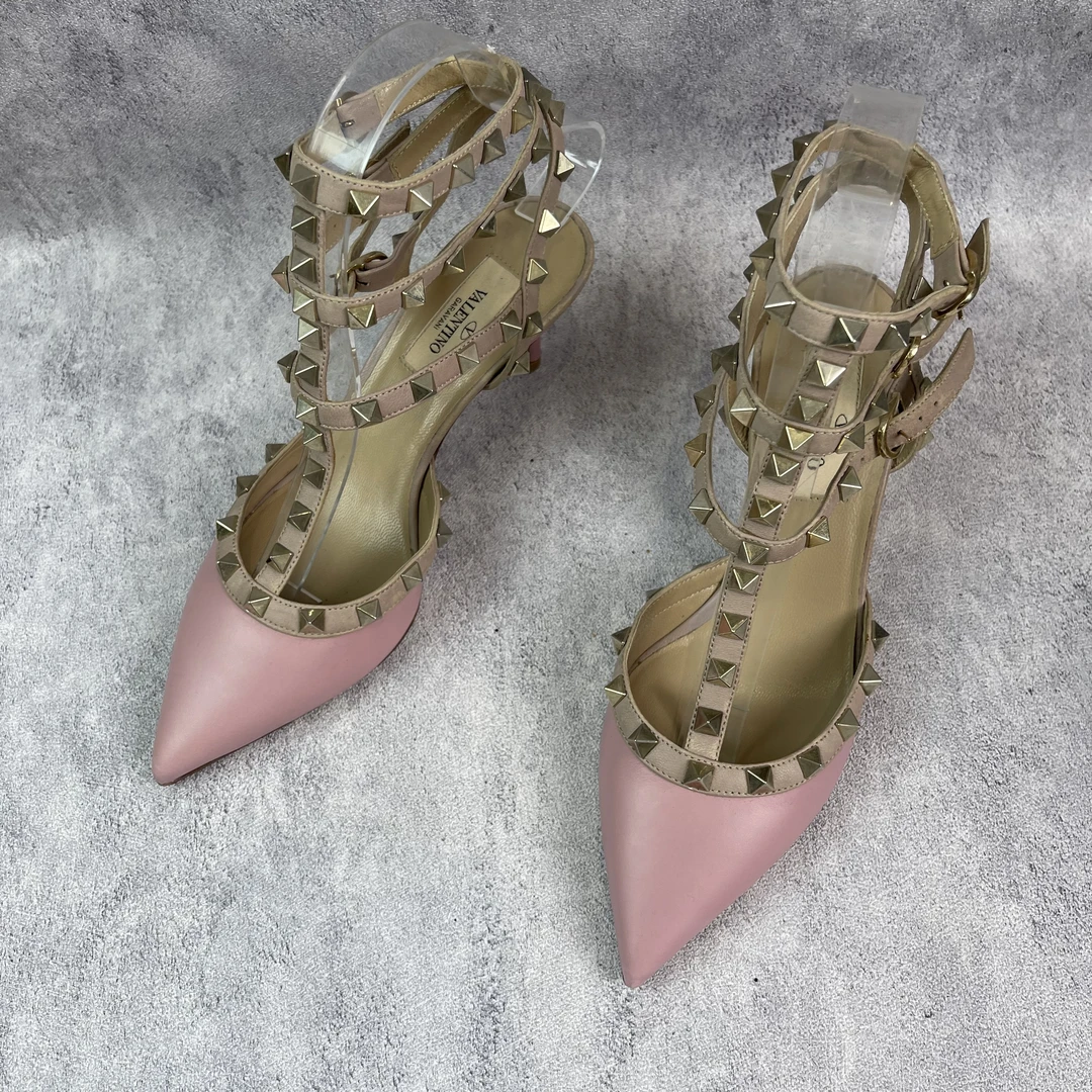 95新 Valentino/华伦天奴 粉色皮面三环高跟鞋 36码 Y251