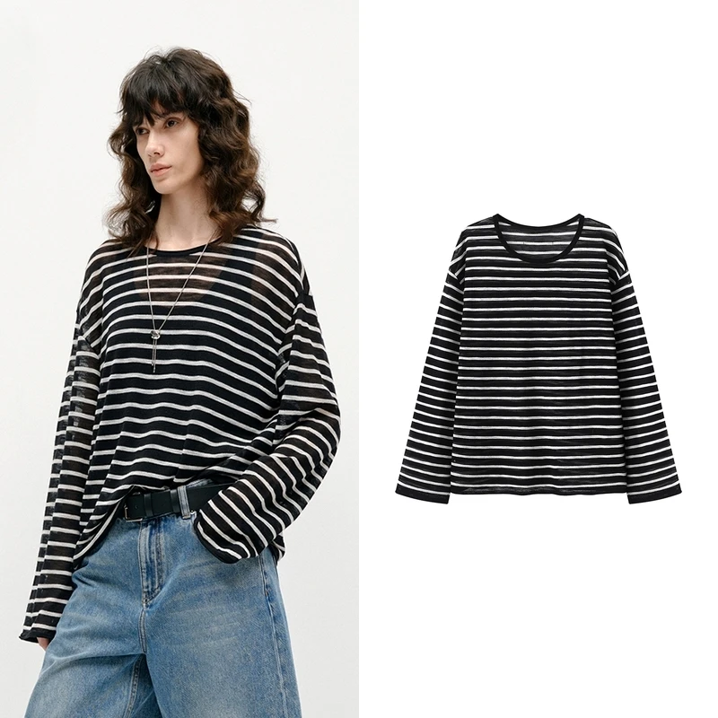 【M】针织衫2025春新品含绵羊毛轻柔宽松落肩黑白条纹K5212