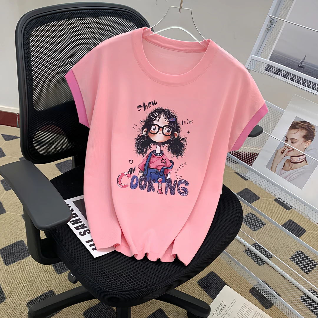 韩系卡通印花图案针织衫短袖T恤圆领撞色时尚百搭显瘦减龄上衣