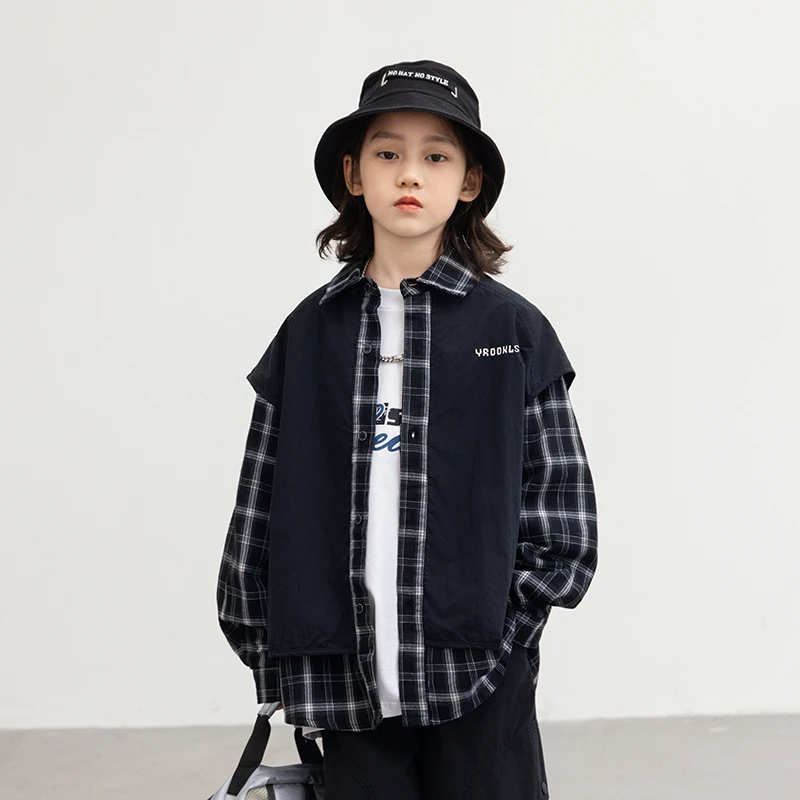 儿童装男童秋装衬衫外套2025新款春秋款中大童痞帅秋季男孩假两件