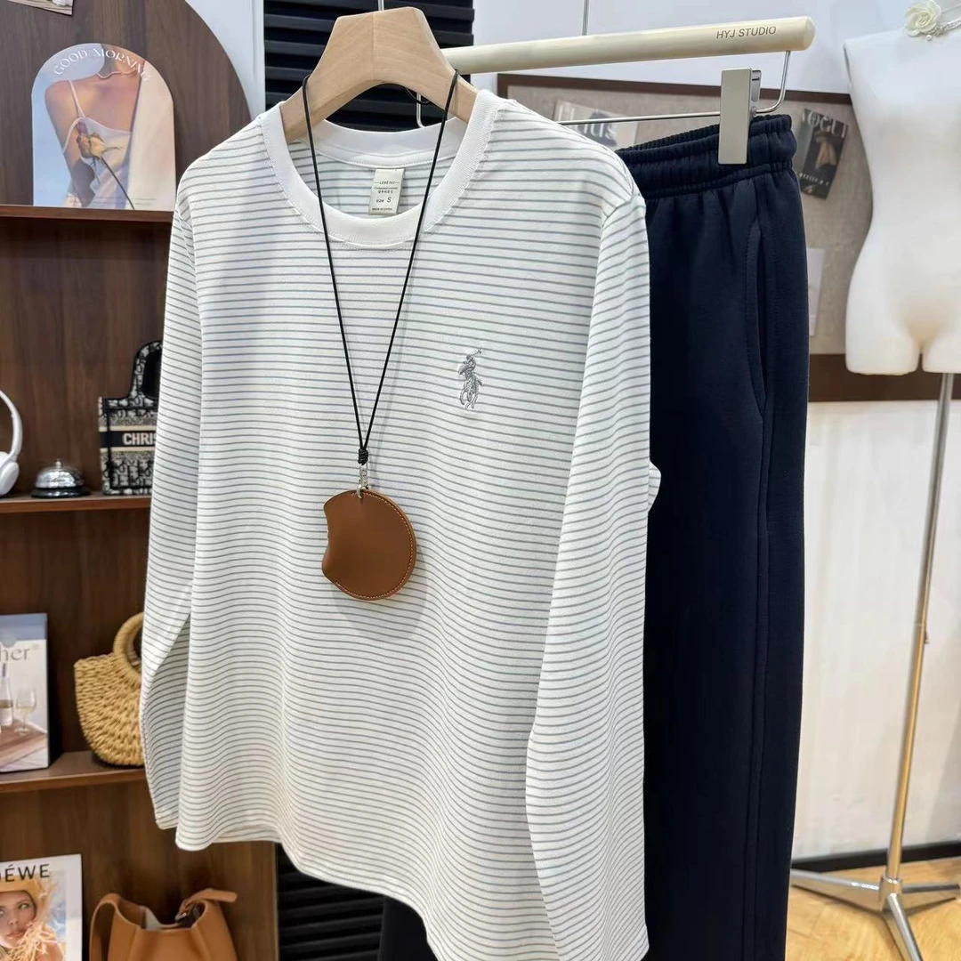 早秋长袖·外贸品质【战马·刺绣】时尚百搭简约撞色条纹T恤