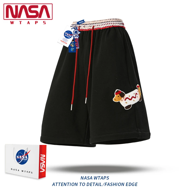 NASA WTAPS潮牌腊肠狗刺绣冰丝短裤男夏季情侣宽松直筒运动五分裤