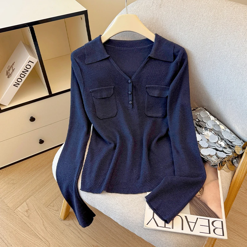 韩系复古翻领针织衫女秋冬2025年秋季新款高级感气质百搭毛衣上衣