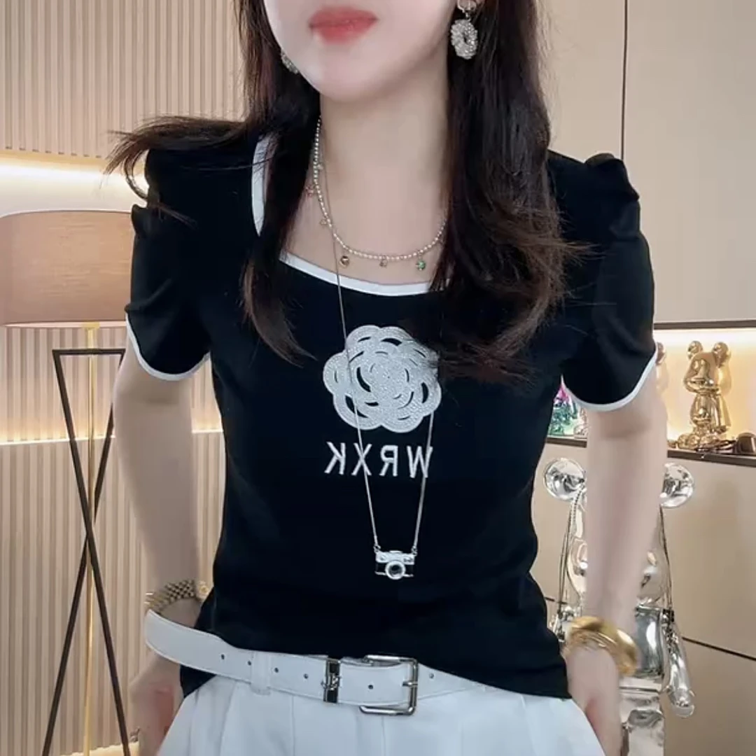 圆领短袖拼色泡泡袖纯色短款T恤洋气套装夏季韩版印花设计感网红