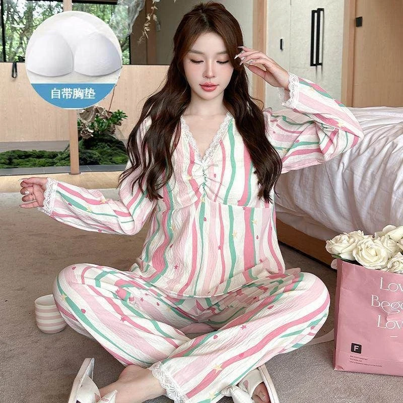 2024春秋季睡衣女士新款长袖V领带胸垫云朵棉套装可爱条纹家居服