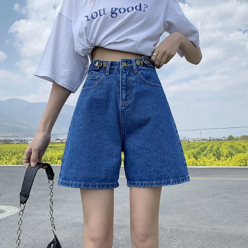 W深蓝牛仔短裤女夏季五分显瘦阔腿宽松a字短裤A261