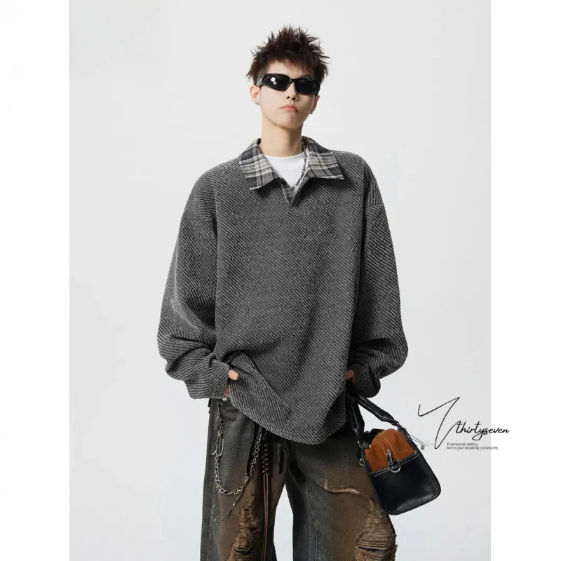 美式重磅秋款长袖假两件翻领针织打底衫大码宽松潮流百搭港风卫衣