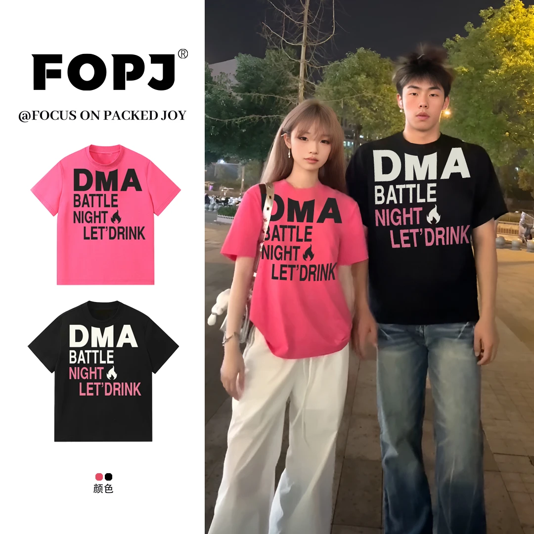 FOPJ美式复古情侣正肩短袖t恤夏季潮流百搭设计感圆领半袖上衣潮