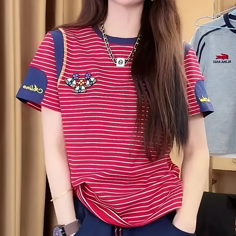 2025春游出行衣服条纹正肩圆领拼接上衣百搭宽松洋气显瘦t恤短袖