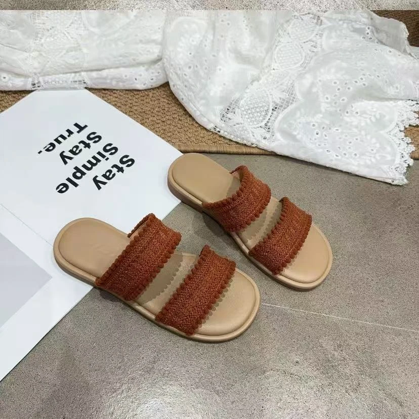 C5908 桔色 平底一字拖鞋2025新款夏季外穿编织沙滩女鞋