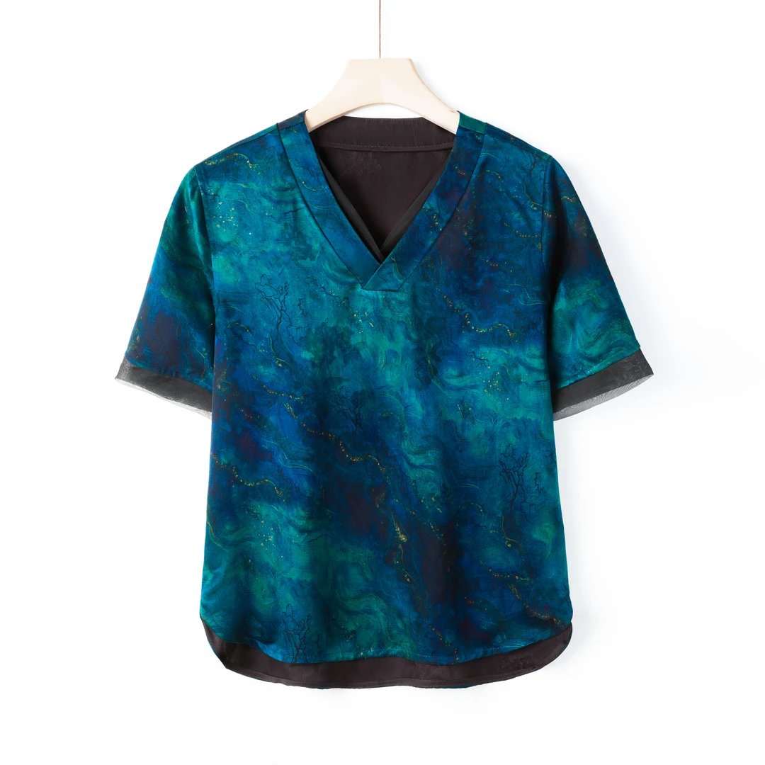 100%桑蚕丝香云纱提花缎面复古夏季V领中式上衣短袖T恤6001