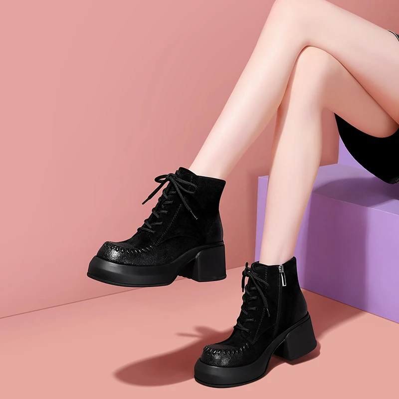 原创设计师2025新款加绒短靴女厚底棉鞋高跟马丁靴