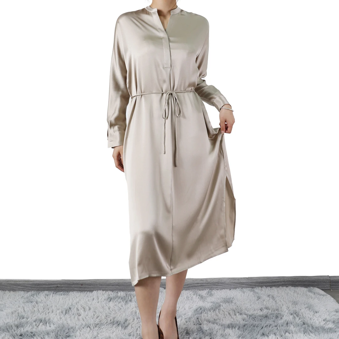 高贵桑蚕丝v领缎面绉连衣裙休闲女装ding气质春季百搭女装DLYQ155