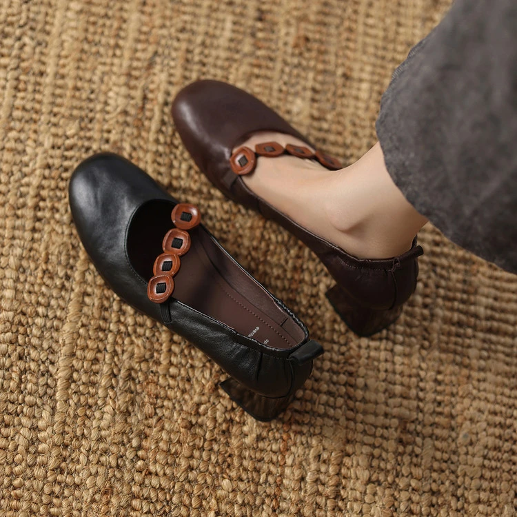 头层牛皮4.5cm～复古中跟舒适百搭时尚玛丽珍浅口单鞋新款秋季粗跟