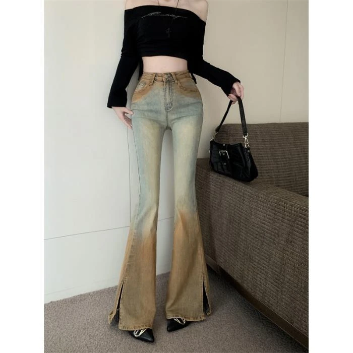 复古做旧微喇叭牛仔裤女春季废土风修身直筒长裤开叉高腰拖地裤子