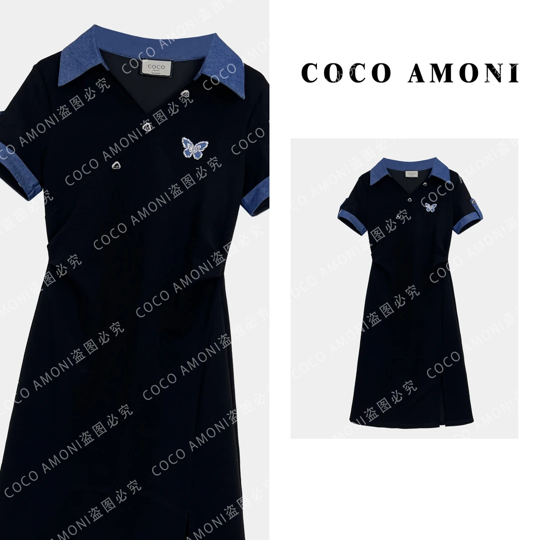 夏日轻奢设计师爆款拼接重工蝴蝶显瘦气质连衣裙AC092