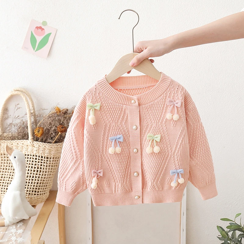 女童毛衣宝宝春秋款2025新款女孩蝴蝶结针织外套儿童洋气秋装上衣