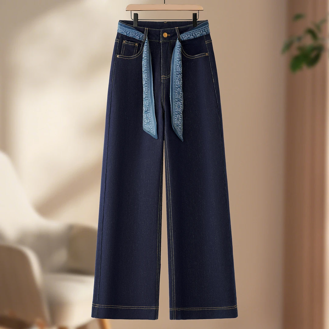 高端丹宁蓝阔腿牛仔裤女2025秋季新款时尚高腰显瘦宽松百搭直筒裤