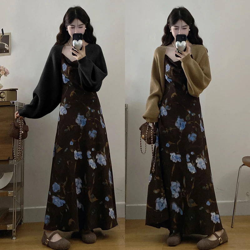 大码胖mm女秋法式浪漫优雅复古油画吊带长裙软糯毛衣披肩上衣套装