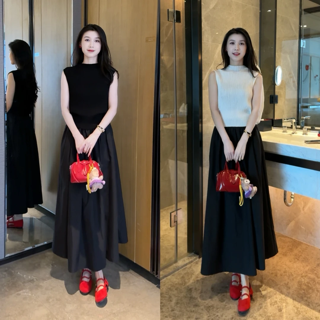 法式休闲风夏季绝美一整套半高领无袖修身上衣高腰半身裙两件套