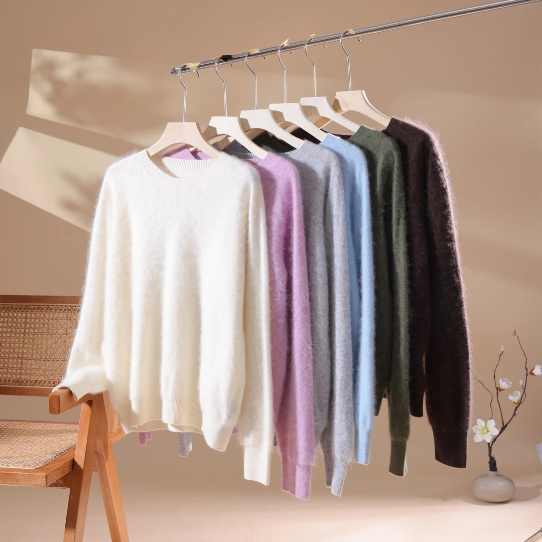 100%纯羊毛拉绒圆领毛衣女秋冬新款宽松慵懒风针织打底衫上衣基础