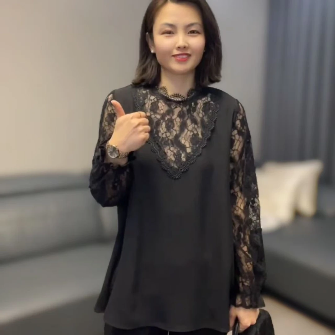 【香香优选】韩国蕾丝波浪领长袖衫新款女士时尚洋气舒适高端大码