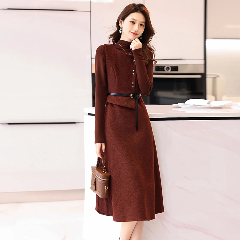 秋冬连衣裙女2024新款法式小香风红色收腰内搭打底毛呢背心套装裙
