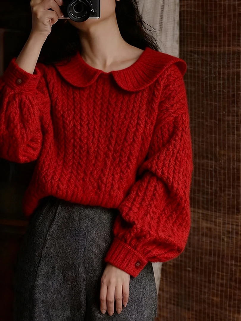 法式多巴胺翻领麻花毛衣开衫女2025秋冬新款高级软糯减龄针织外套