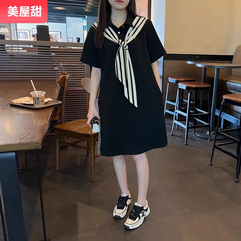 12025时尚胖mm夏季小众韩版减龄小黑裙女大码轻奢感显瘦连衣裙I