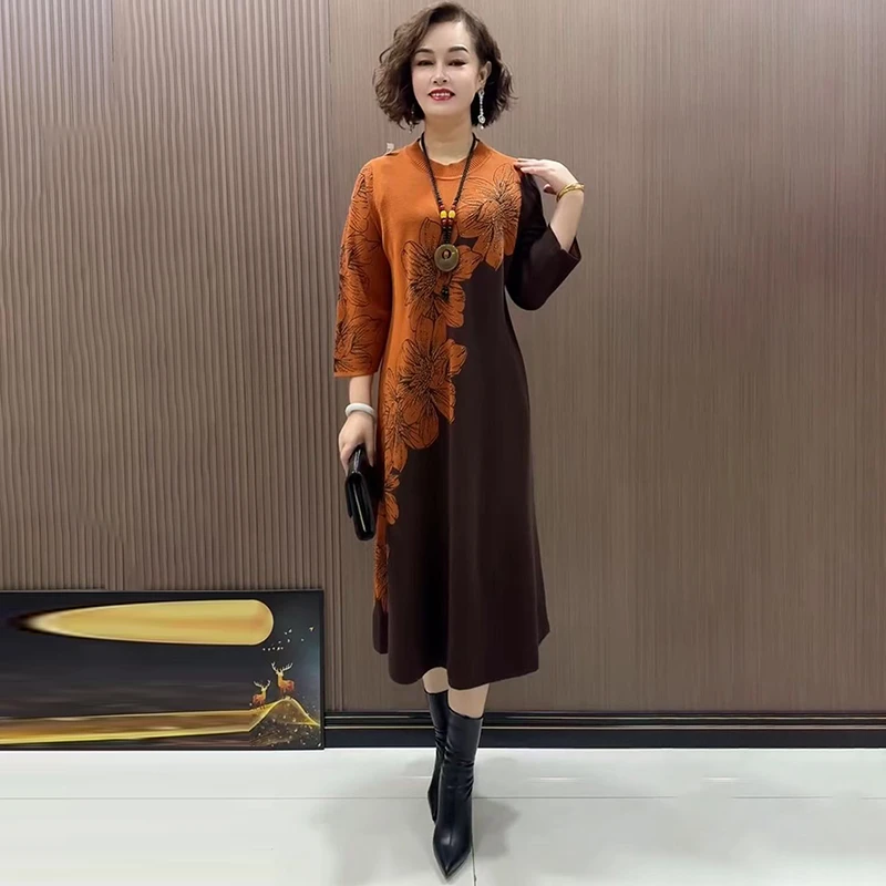 大码女装连衣裙春季新款阔太太减龄提花针织毛衣裙时髦洋气A字裙