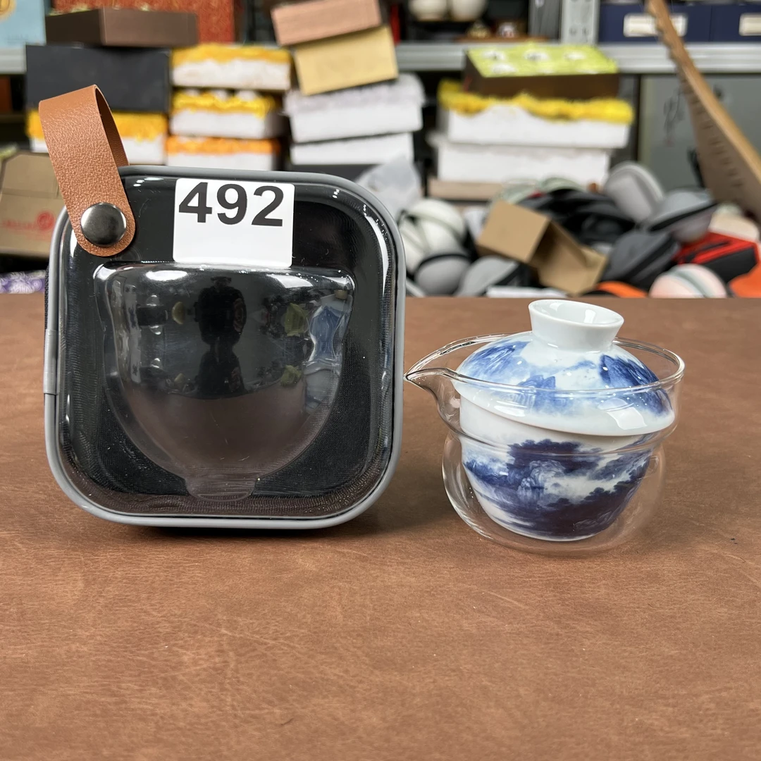 492-青花水墨江山一壶二杯快客旅行茶具陶瓷户外便携茶具套装手抓