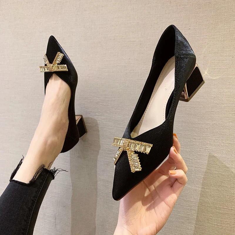 2025春季新款百搭浅口女士单鞋蝴蝶结气质粗跟高跟鞋尖头轻奢女鞋