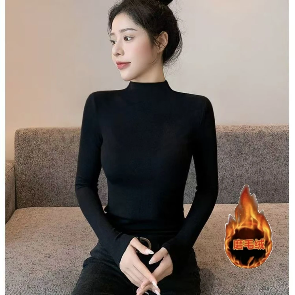 加厚磨毛薄绒打底衫女2025秋冬季半高领螺纹保暖内搭长袖t恤上衣