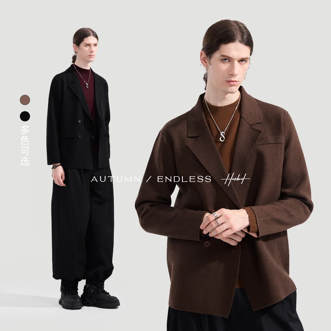 HERBEL/黑白2025春款雅丹风穿搭绵羊毛翻领男士经典西装外套百搭