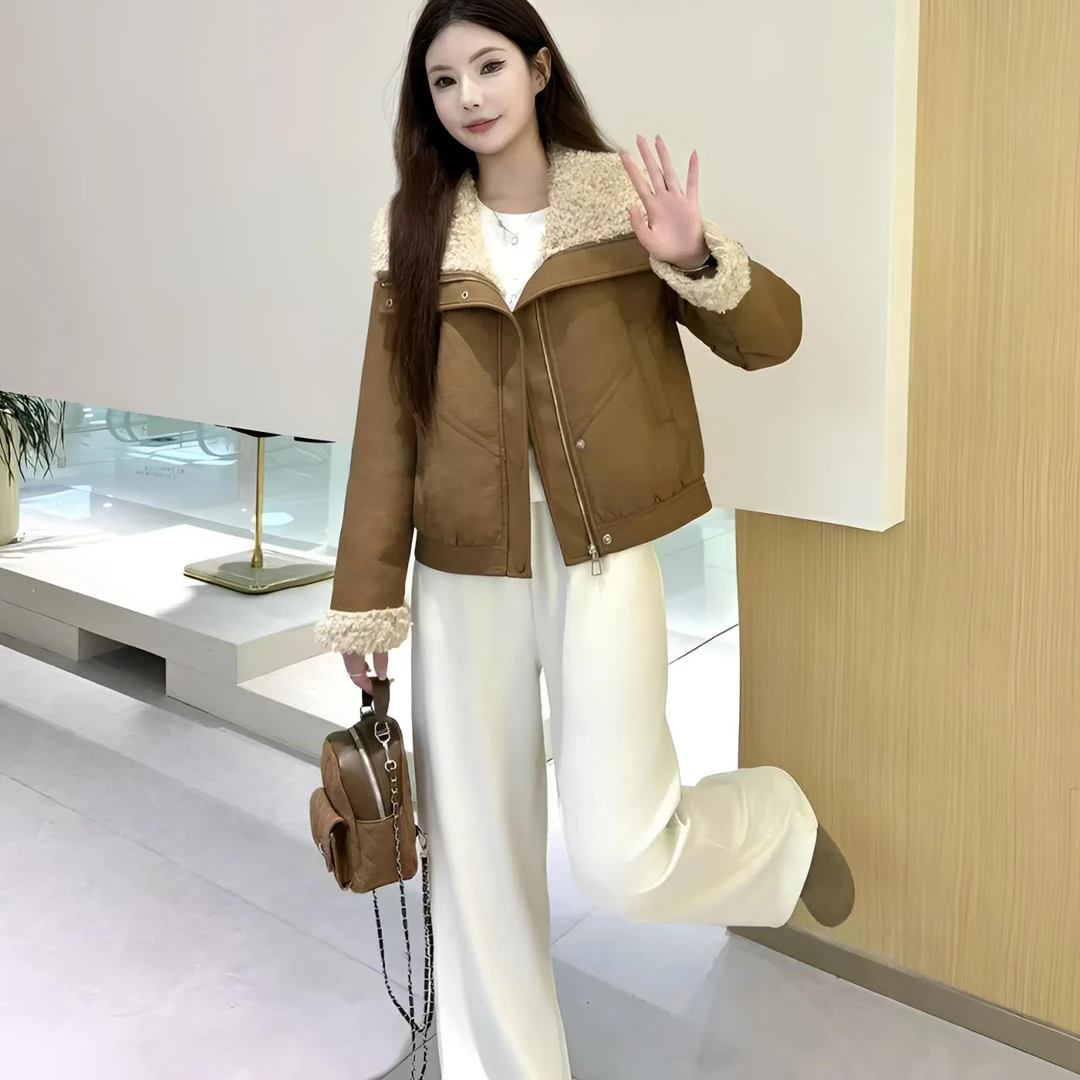加绒洋气麂皮绒短外套女秋冬新款小个子时尚翻领百搭显瘦袄子8115