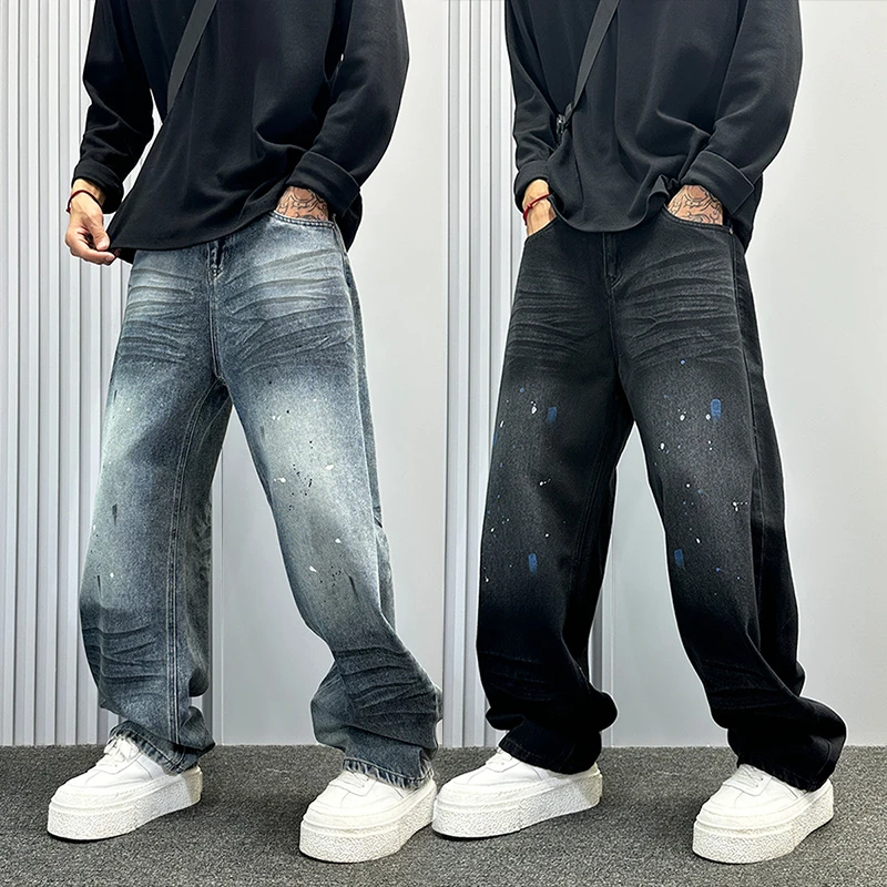 美式高街泼墨潮牌弯刀牛仔裤男秋冬款痞帅宽松阔腿裤高端直筒长裤