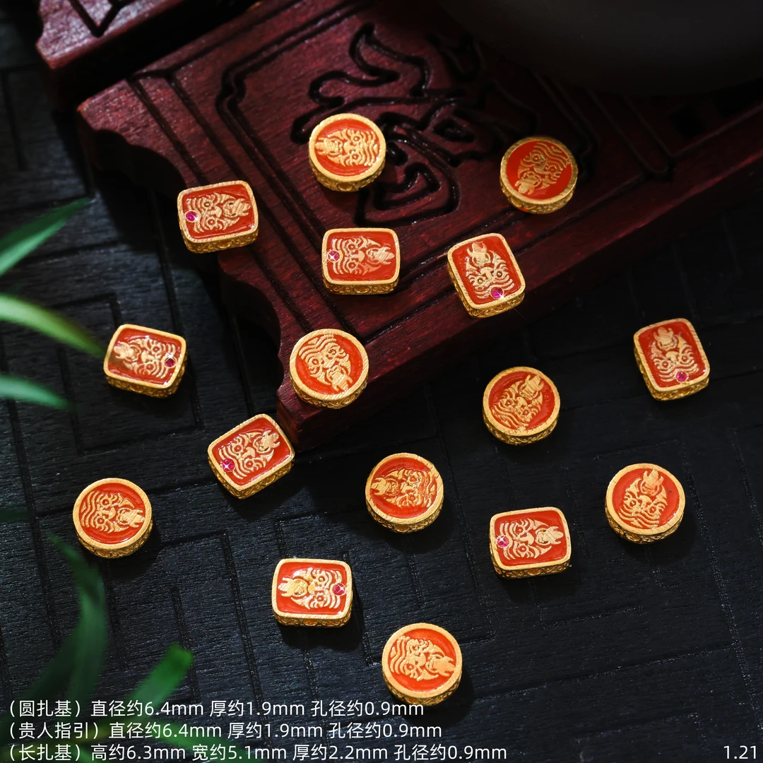 【金豆工厂】18K金实心金中国红豪镶扎基拉姆隔珠背云戒指手串配饰E