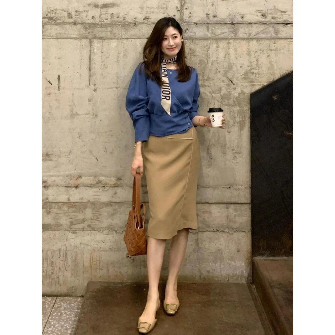 2025早秋新款韩系chic小香风正式场合蓝色衬衫上衣半身裙两件套装