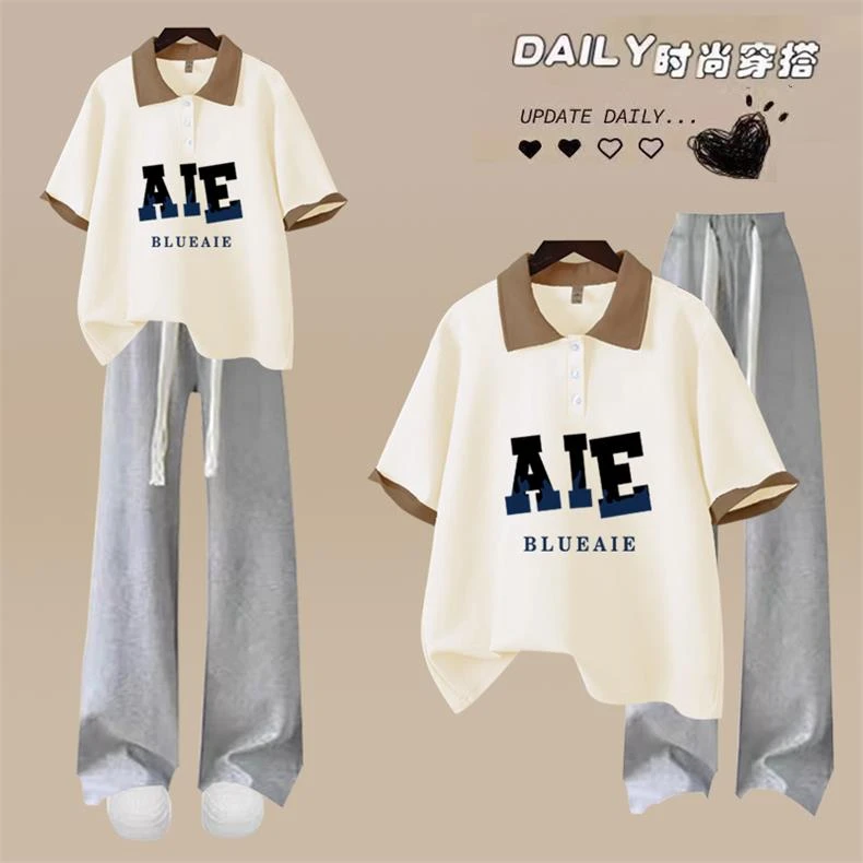 12-16岁初高中女学生翻领短袖学院风运动套装夏季宽松显瘦阔腿裤