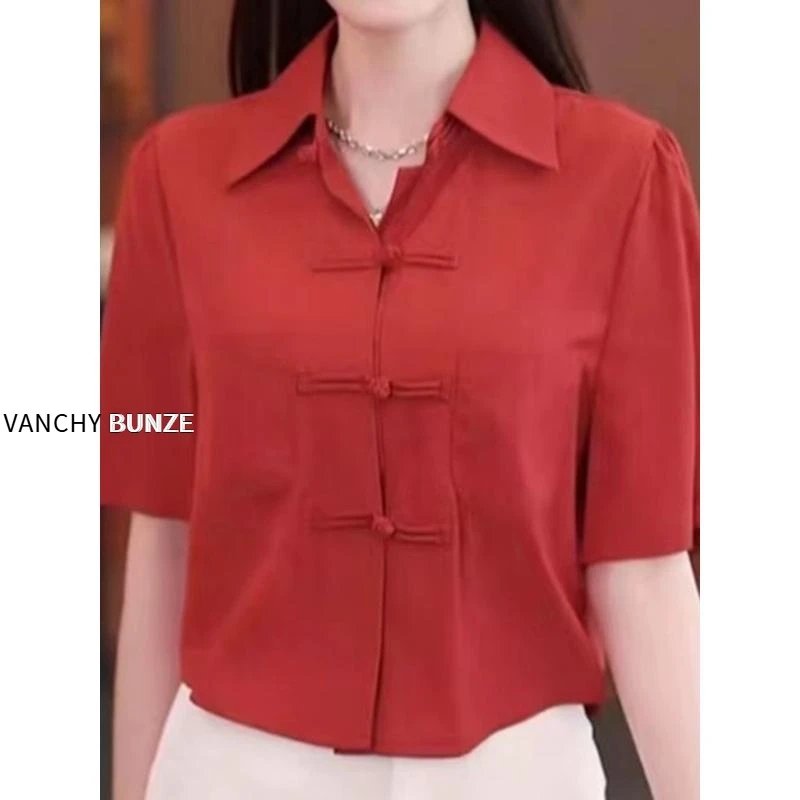 BUNZE 百搭国风短袖衬衫女夏季2025新款新中式盘扣衬衣气质减龄时