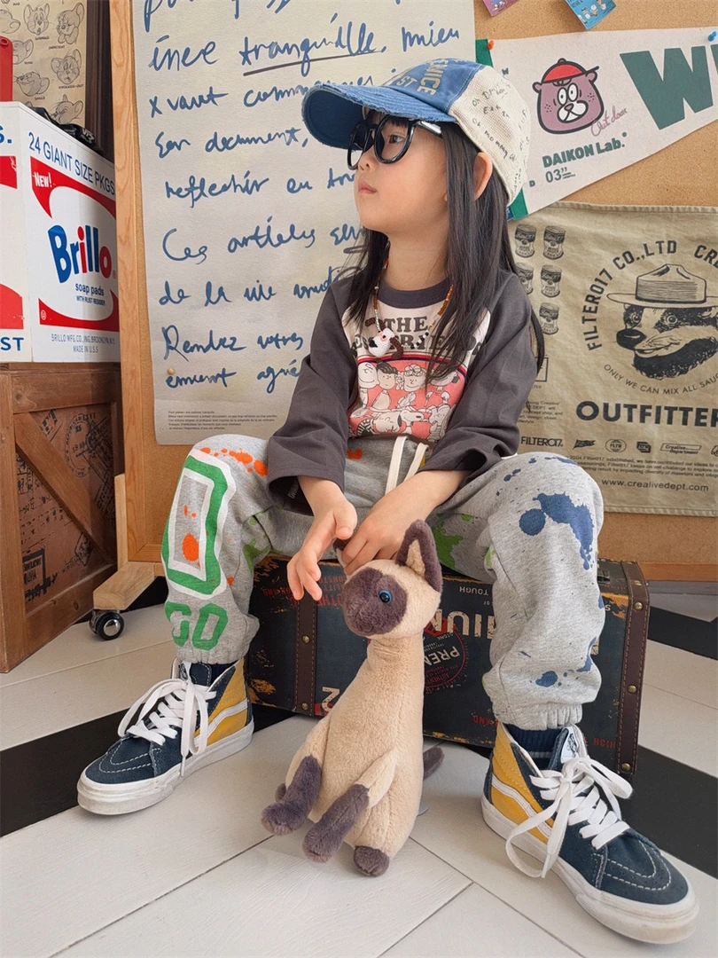 「一彩妈」25新款 DD中古款 儿童泼墨卫裤 日系时尚潮牌百搭卫裤