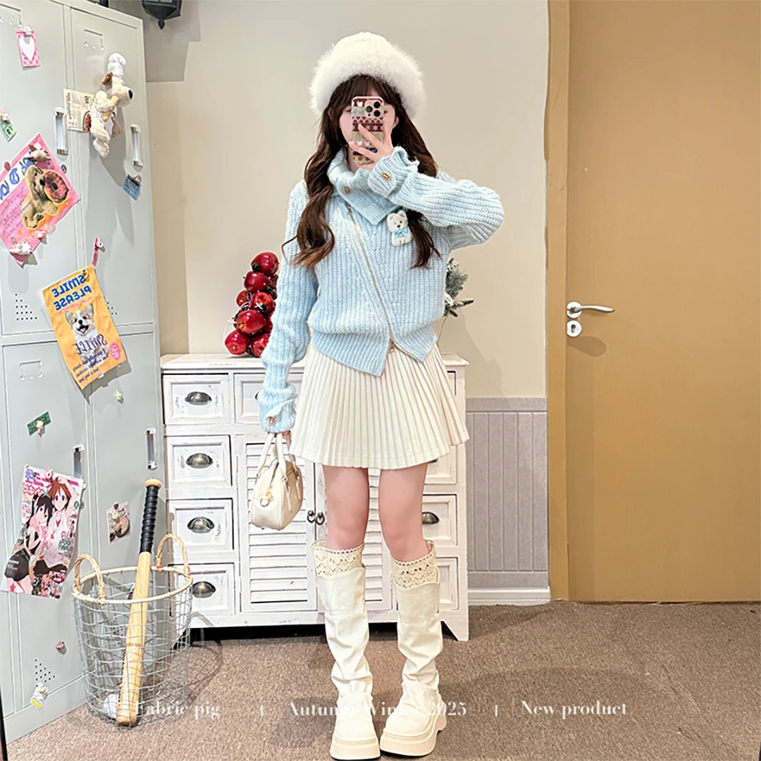 海盐云朵 织物猪原创 甜美风时尚保暖秋冬女蓝色毛衣百搭百褶短裙