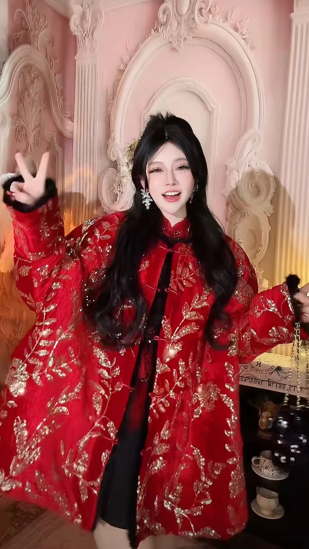 【崔】锦绣红裳 W0226新中式国风亮片外套中式国风亮片冬季棉服外套