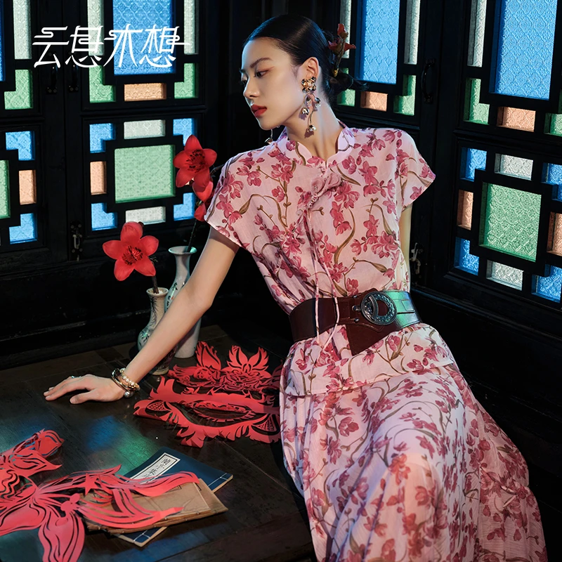 Ysimo-X云思木想 粉黛花影 优雅手工钉花印花苎麻棉衬衫13257