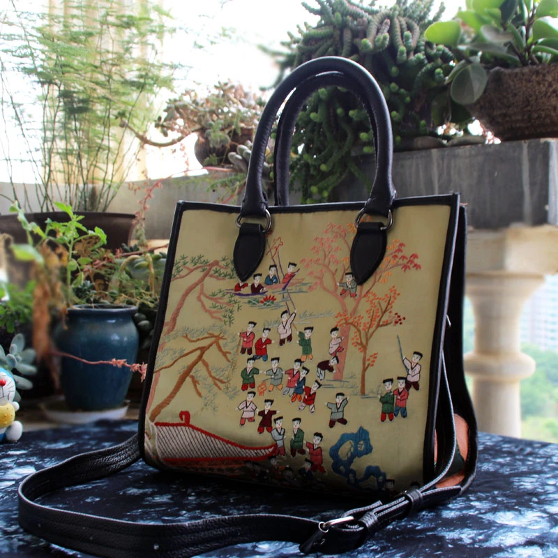 复古国风老绣手工刺绣百子图包斜挎手提女包民族文化创意头层牛皮