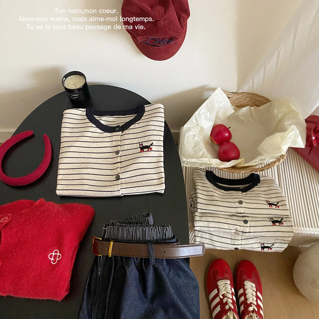 撞色条纹小猫刺绣短袖针织开衫女夏季显瘦百搭亚透气日系上衣